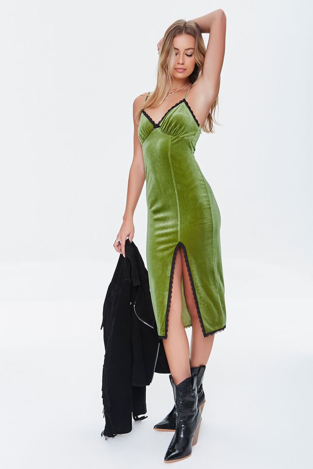 GREEN Velvet Lace-Trim Bodycon Dress, image 1