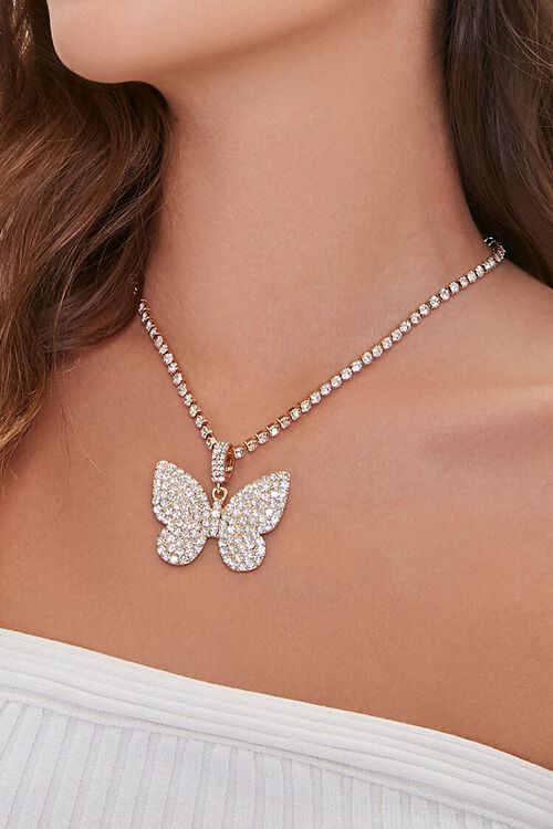 GOLD Rhinestone Butterfly Pendant Necklace, image 1