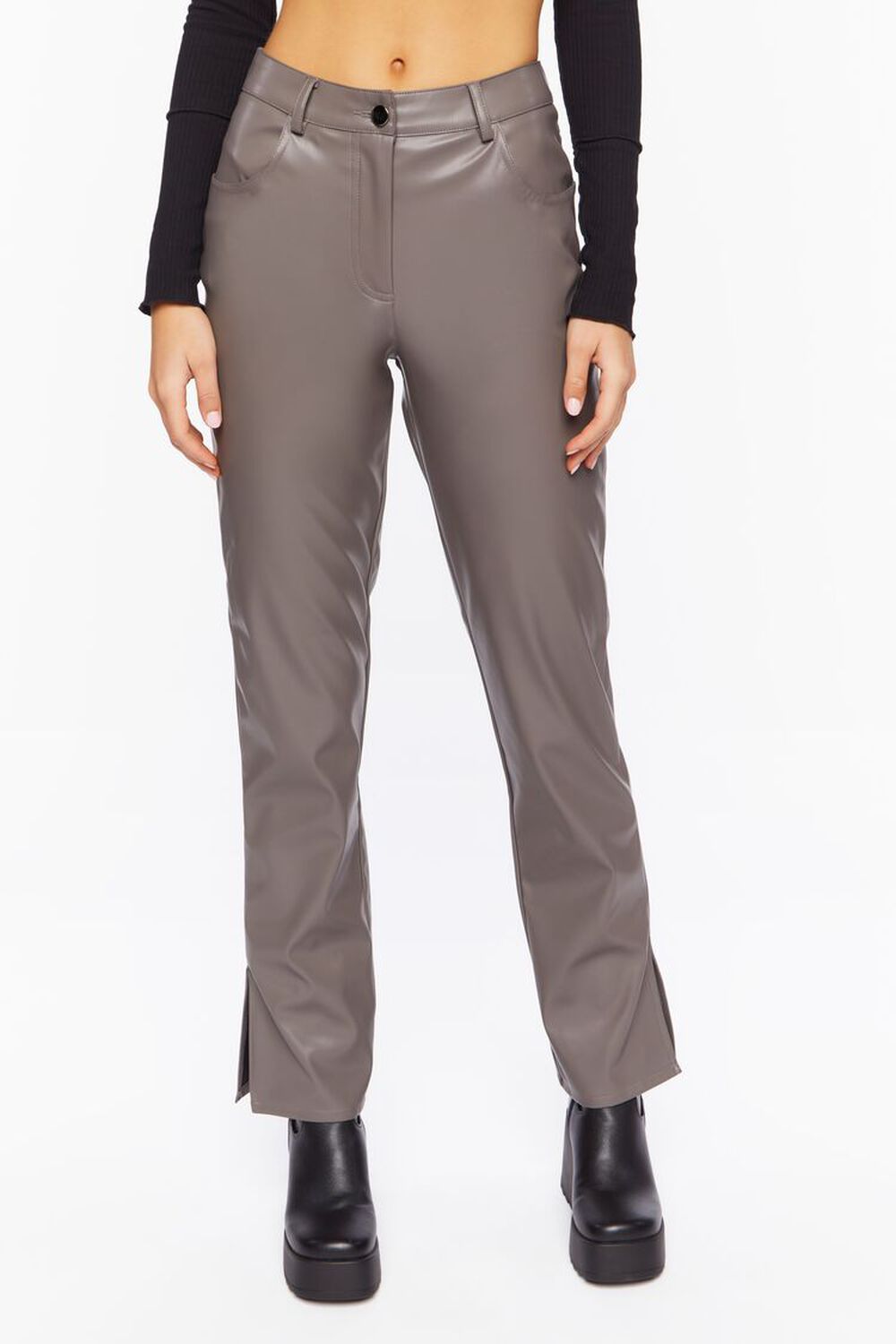 NEUTRAL GREY Faux Leather Straight-Leg Pants, image 2