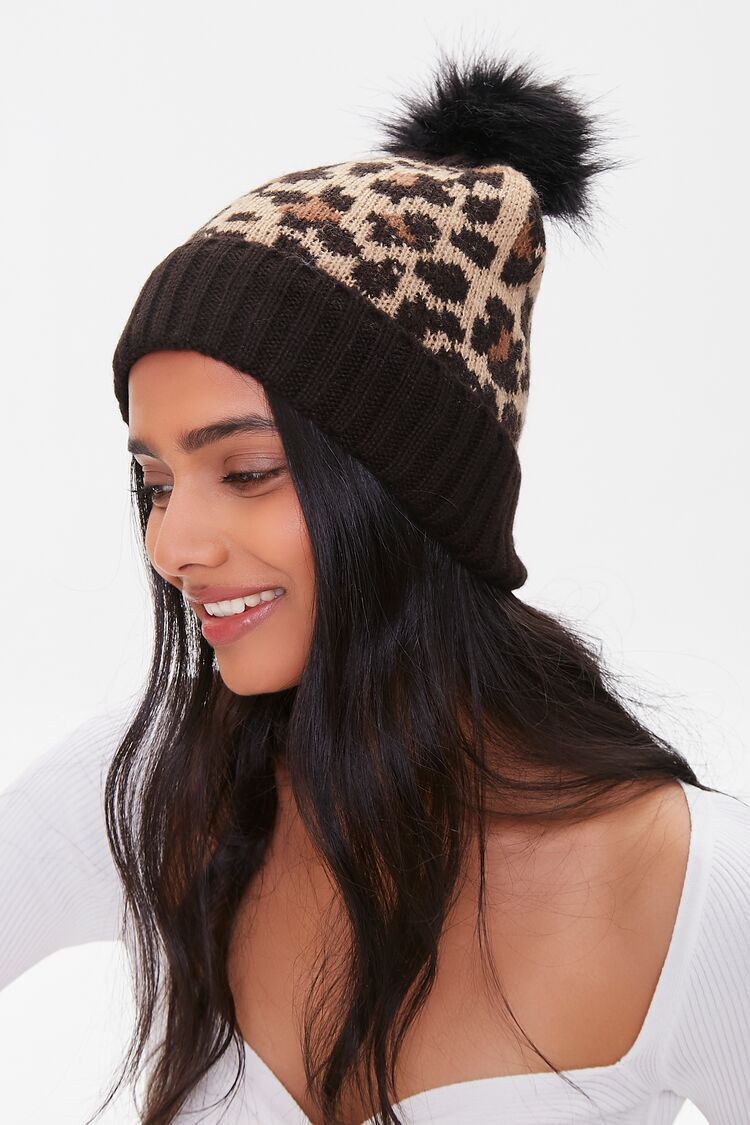 Leopard Ribbed Trim Beanie and Scarf Set