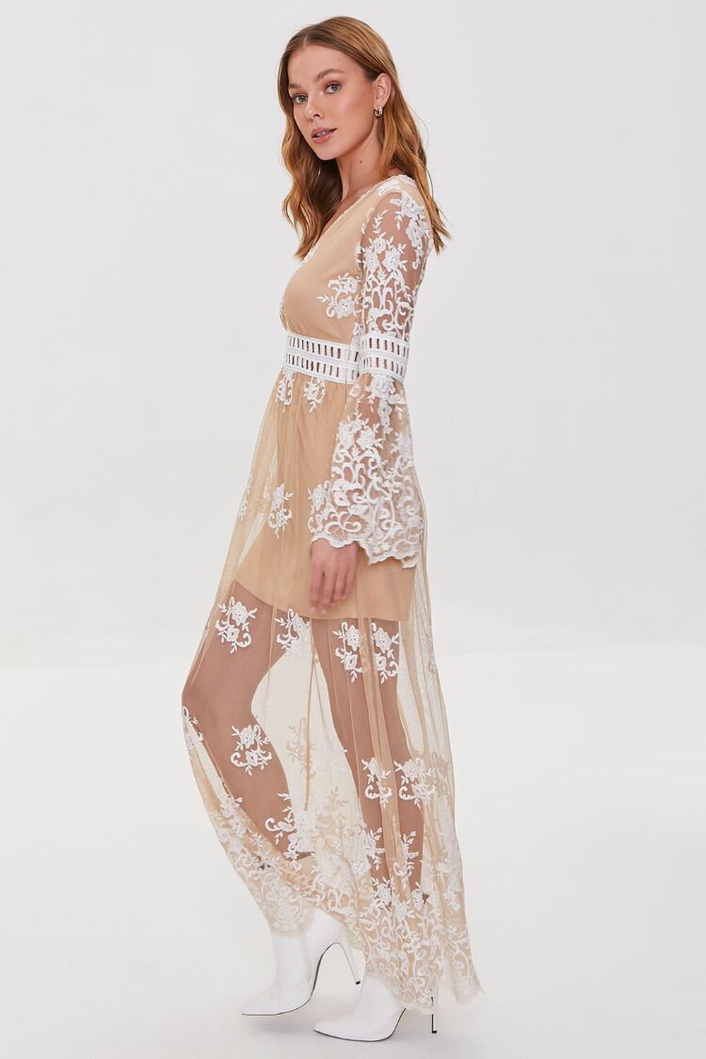 WHITE/NUDE Crochet Lace Maxi Dress, image 2
