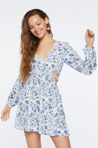 WHITE/BLUE Floral Print Cutout Midi Dress, image 1