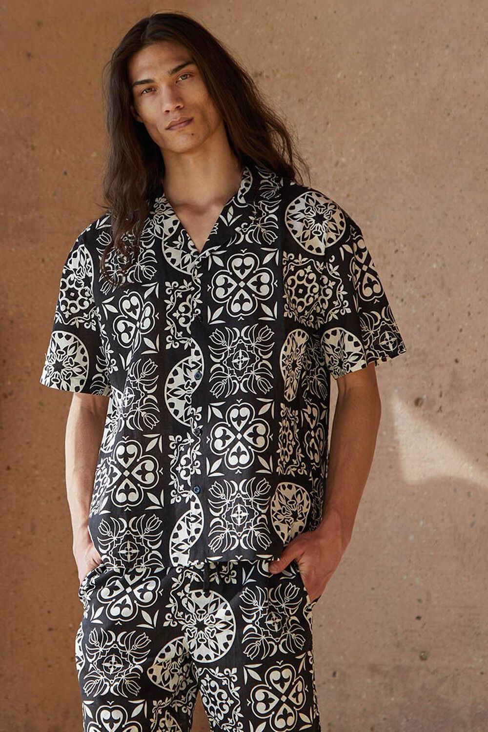 BLACK/MULTI Ornate Print Linen-Blend Shirt, image 1