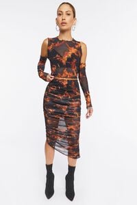BLACK/ORANGE Flame Print Mesh Midi Skirt, image 5