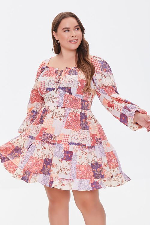PINK/MULTI Plus Size Patchwork Mini Dress, image 1