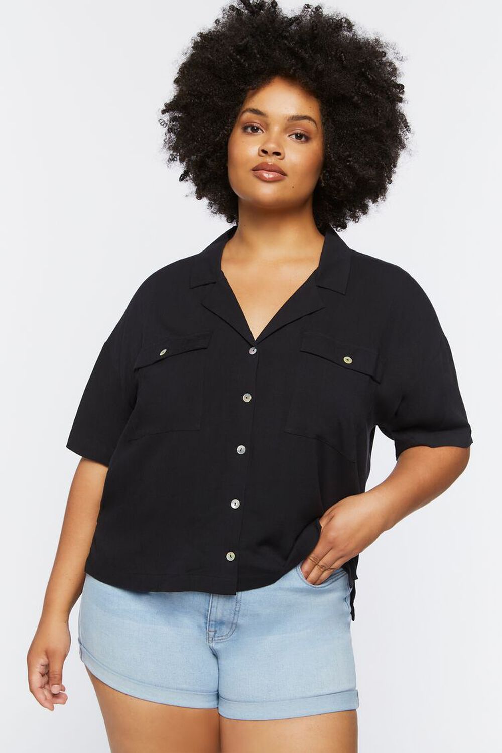 BLACK Plus Size Boxy Button-Up Shirt, image 1