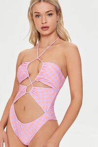 SALMON/LAVENDER Checkered Cutout One-Piece Swimsuit, image 1
