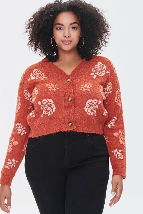 RUST/MULTI Plus Size Rose Cardigan Sweater, image 1