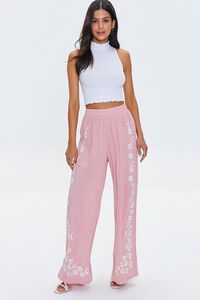 ROSE/CREAM Floral Embroidered Palazzo Pants, image 1