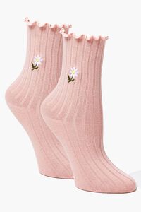PINK/TAN Floral Embroidered Graphic Crew Socks - 2 pack, image 2