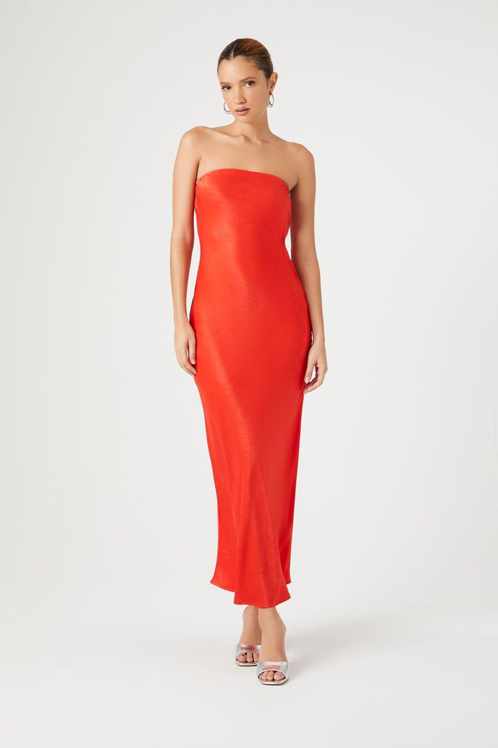 FIERY RED Satin Strapless Maxi Dress, image 1