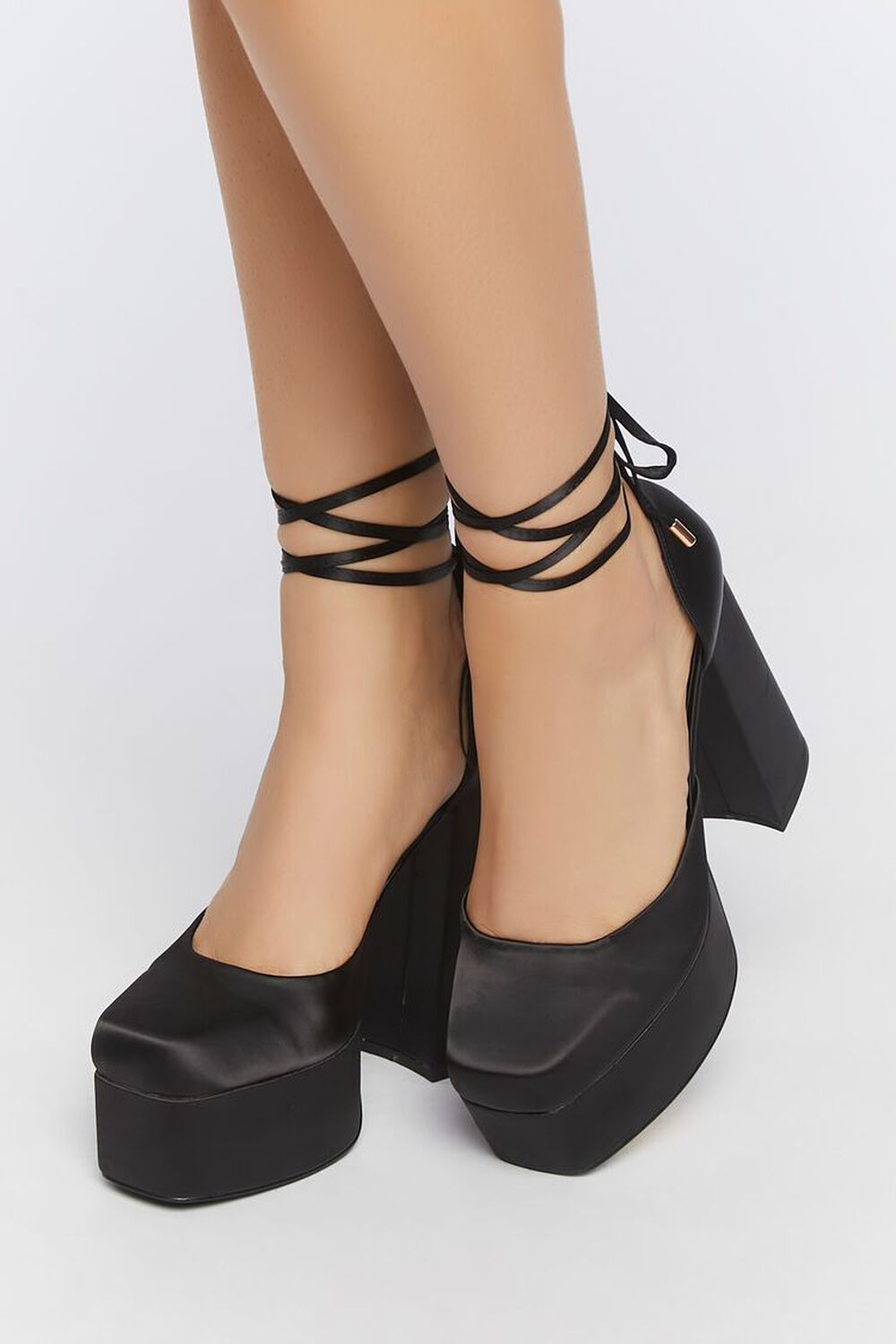BLACK Satin Lace-Up Platform Heels, image 1