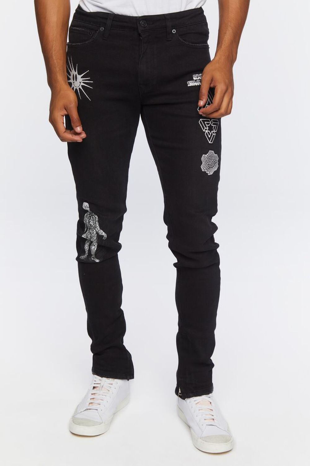 BLACK/WHITE Zip-Hem Embroidered Skinny Jeans, image 2