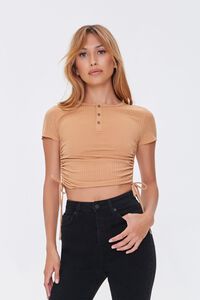 CAMEL Ruched Drawstring Cropped Tee, image 1
