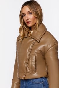 TAUPE Faux Leather Foldover Puffer Jacket, image 2