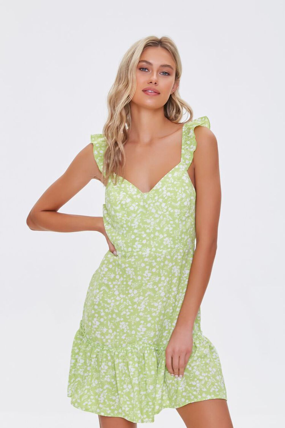 GREEN/IVORY Floral Print Flounce Mini Dress, image 1