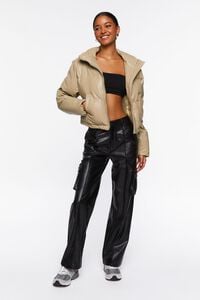 TAUPE Faux Leather Drawstring Puffer Jacket, image 4