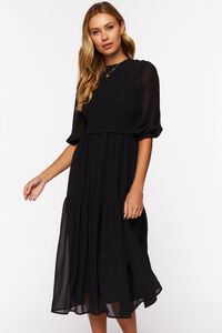 BLACK Smocked Chiffon Peasant-Sleeve Dress, image 4