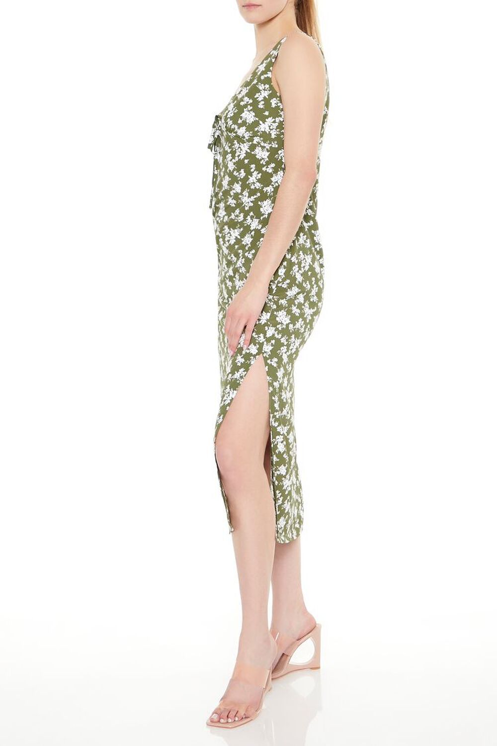 OLIVE/MULTI Floral Print Bow Slit Midi Dress, image 2