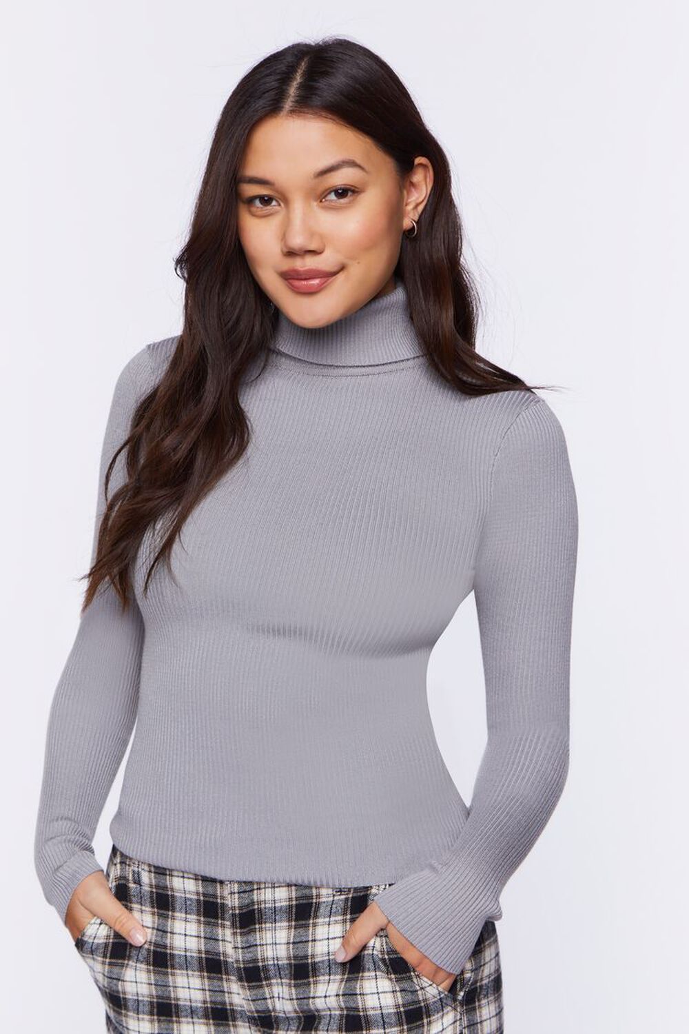 GREY Ribbed Turtleneck Sweater-Knit Top, image 1
