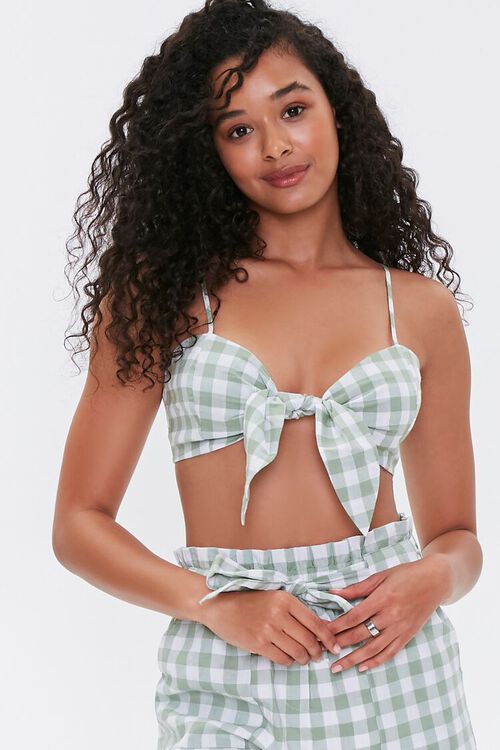 GREEN/WHITE Gingham Tie-Front Cropped Cami, image 5