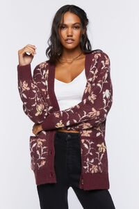 BURGUNDY/MULTI Floral Print Cardigan Sweater, image 1