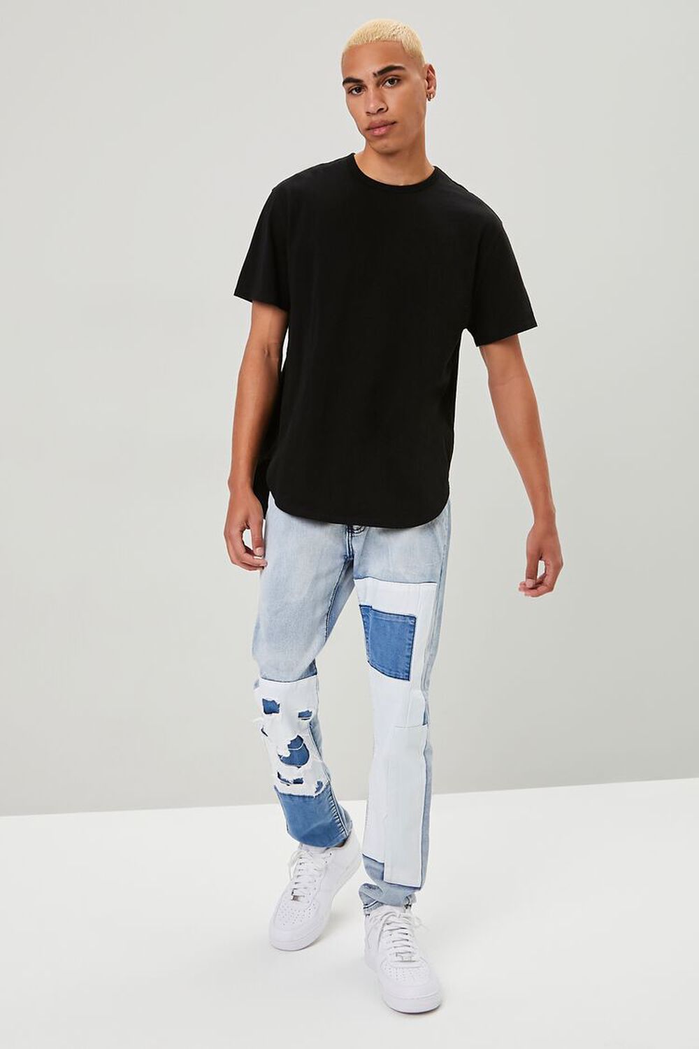 DENIM/MULTI Distressed Patchwork Slim-Fit Jeans, image 1