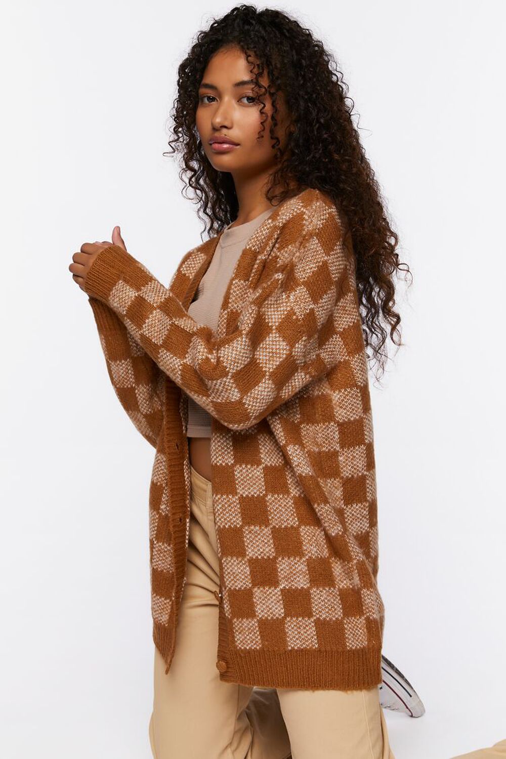 BROWN/MULTI Checkered Cardigan Sweater, image 2