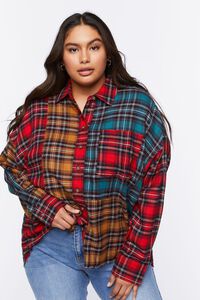 RED/MULTI Plus Size Reworked Plaid Flannel Shirt, image 7