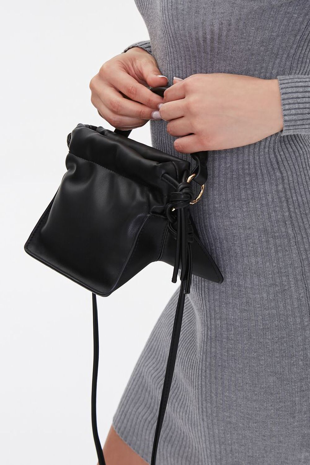 BLACK Faux Leather Open Top Crossbody Bag, image 2