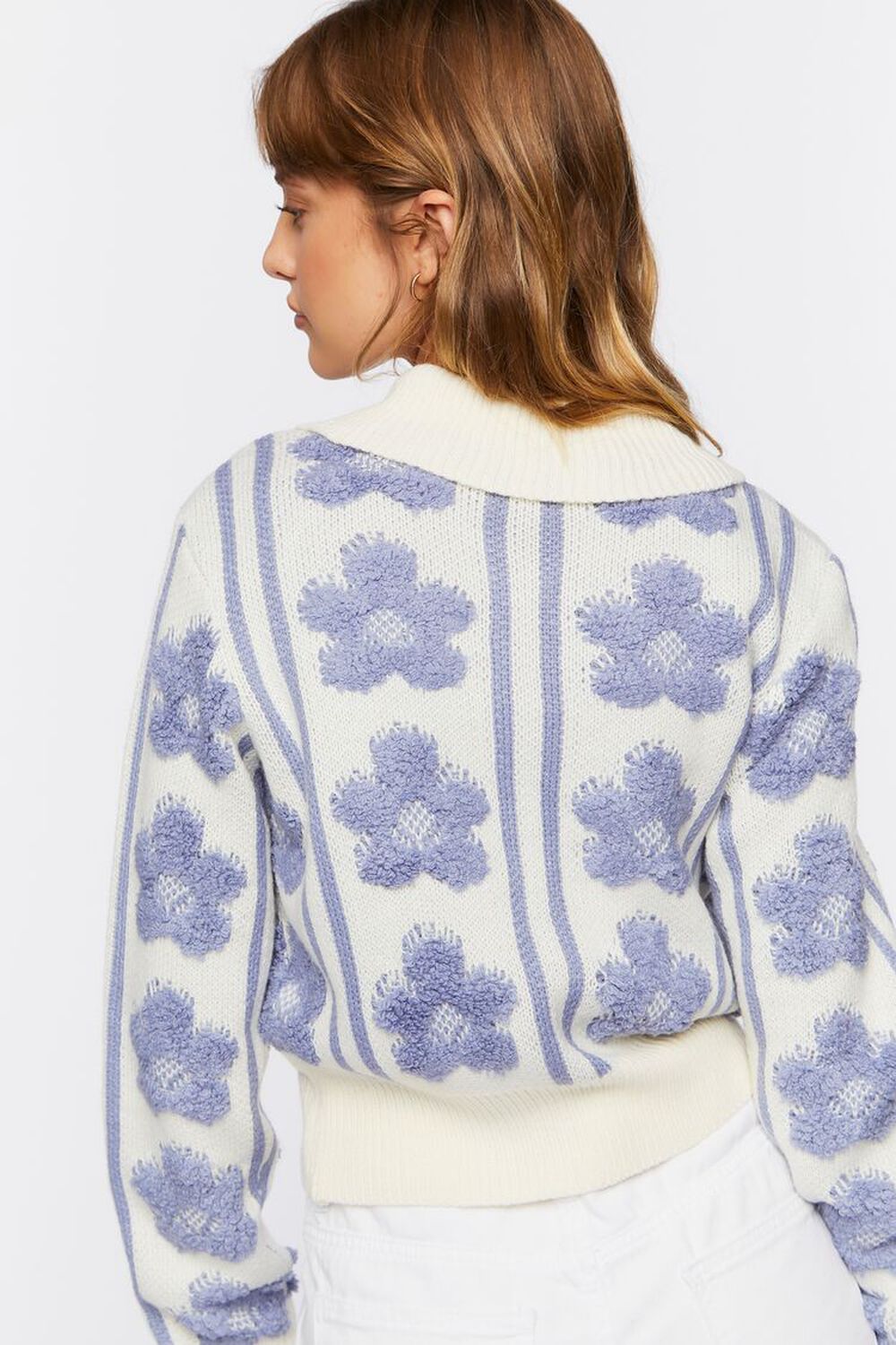 CREAM/BLUE Floral Print Sweater-Knit Top, image 3