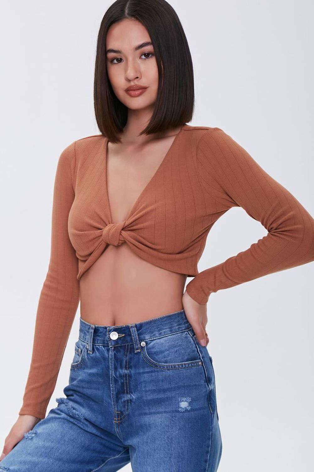 MOCHA Knotted Rib-Knit Crop Top, image 1