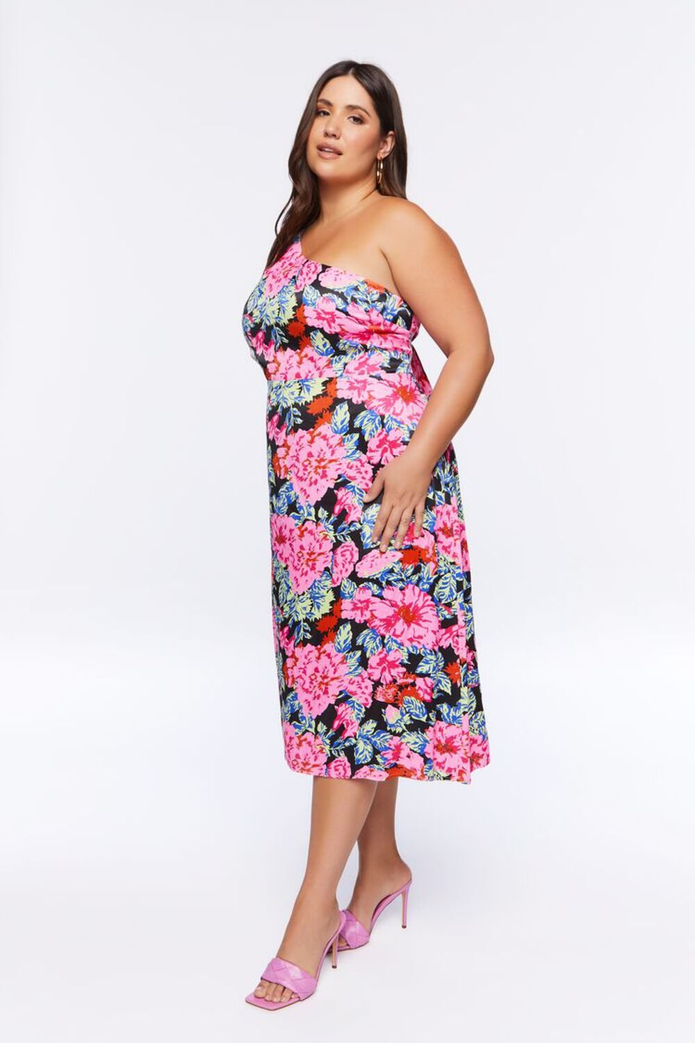 Plus Size Floral One-Shoulder Midi Dress, image 2