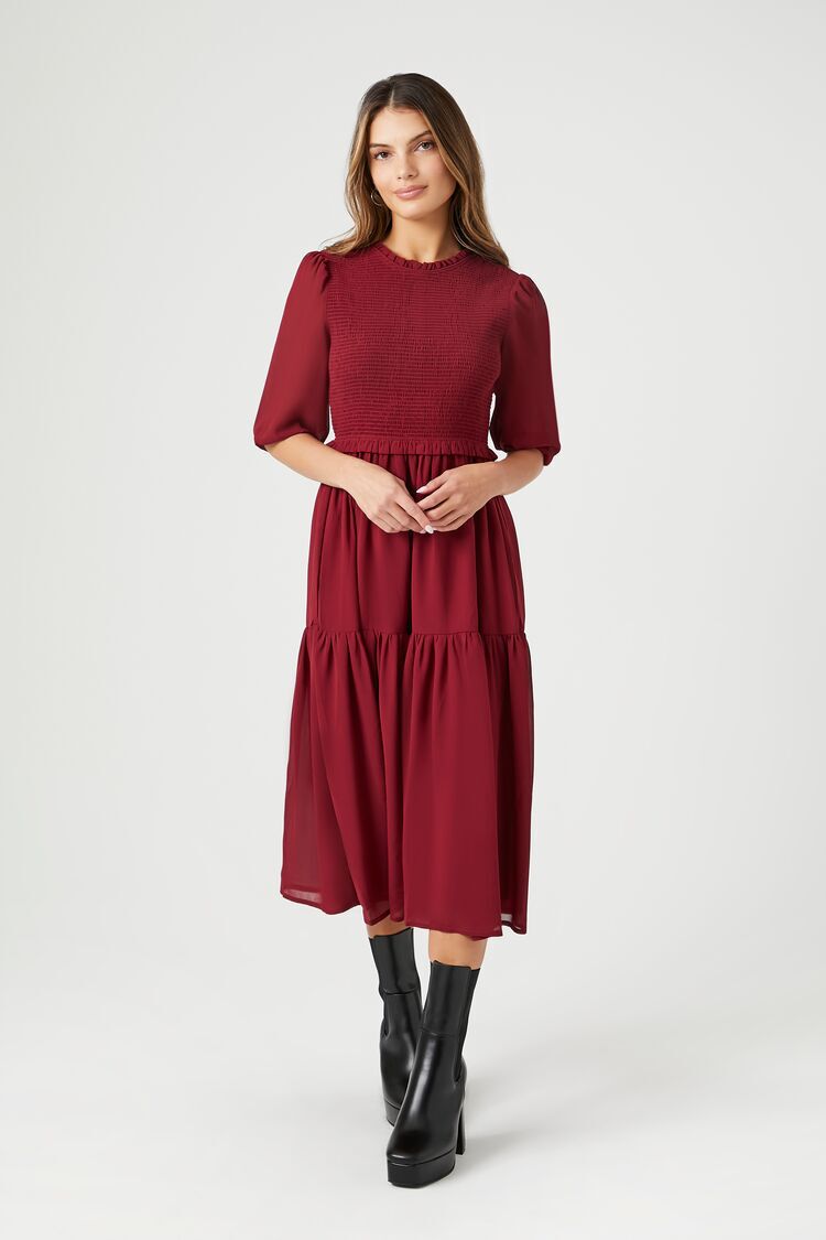 Smocked Chiffon Peasant-Sleeve Dress