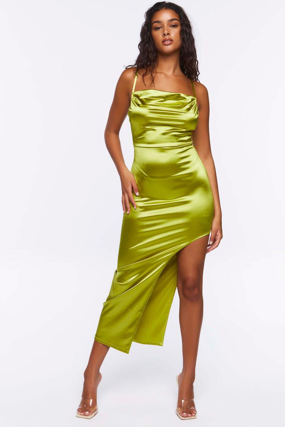 GREEN APPLE Satin Asymmetrical Maxi Dress, image 1