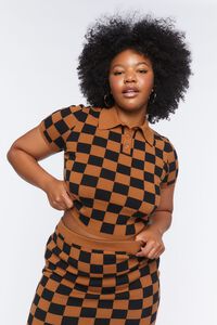 BLACK/BROWN Plus Size Checkered Sweater-Knit Polo Shirt, image 6