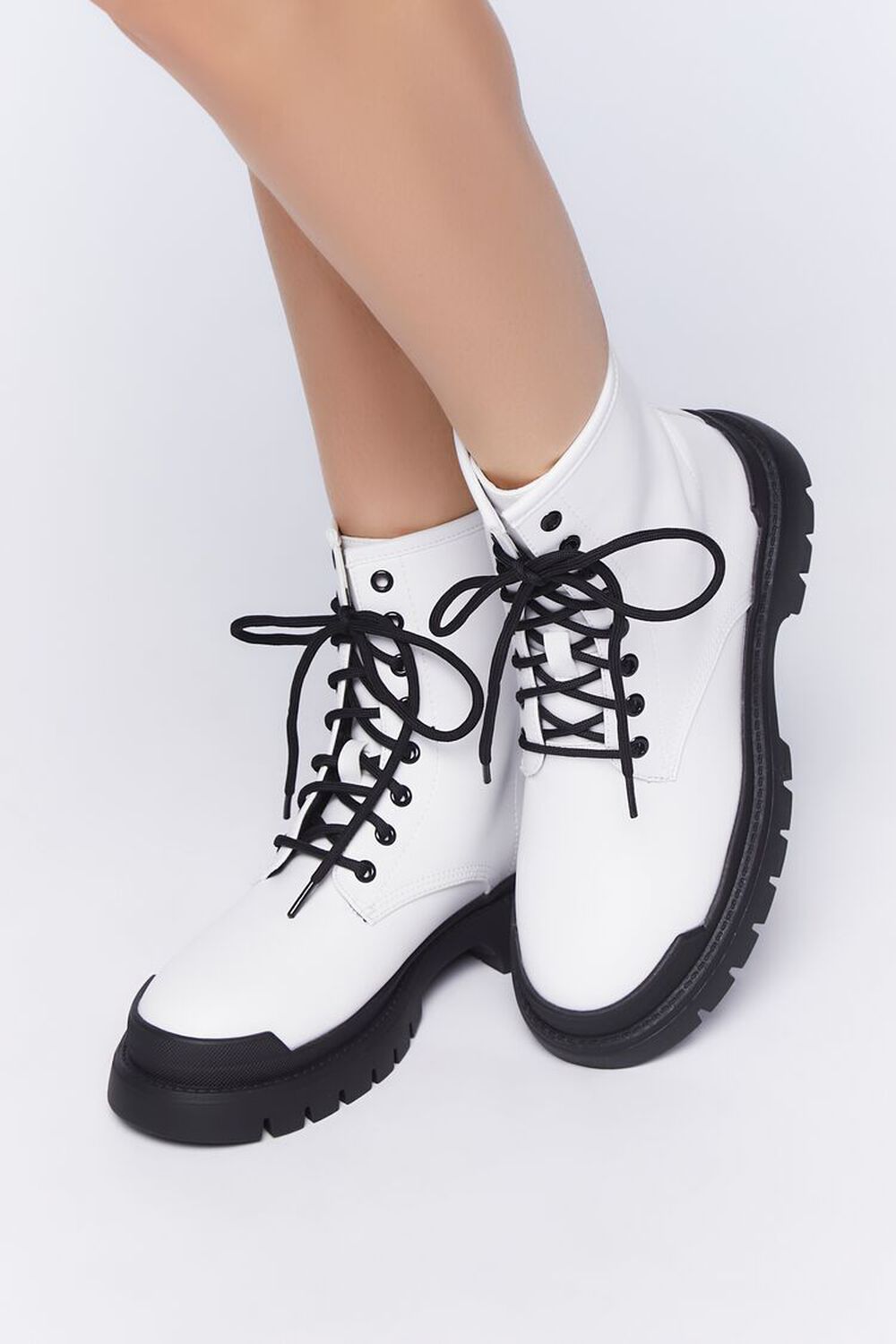 WHITE/BLACK Faux Leather Colorblock Combat Boots, image 1