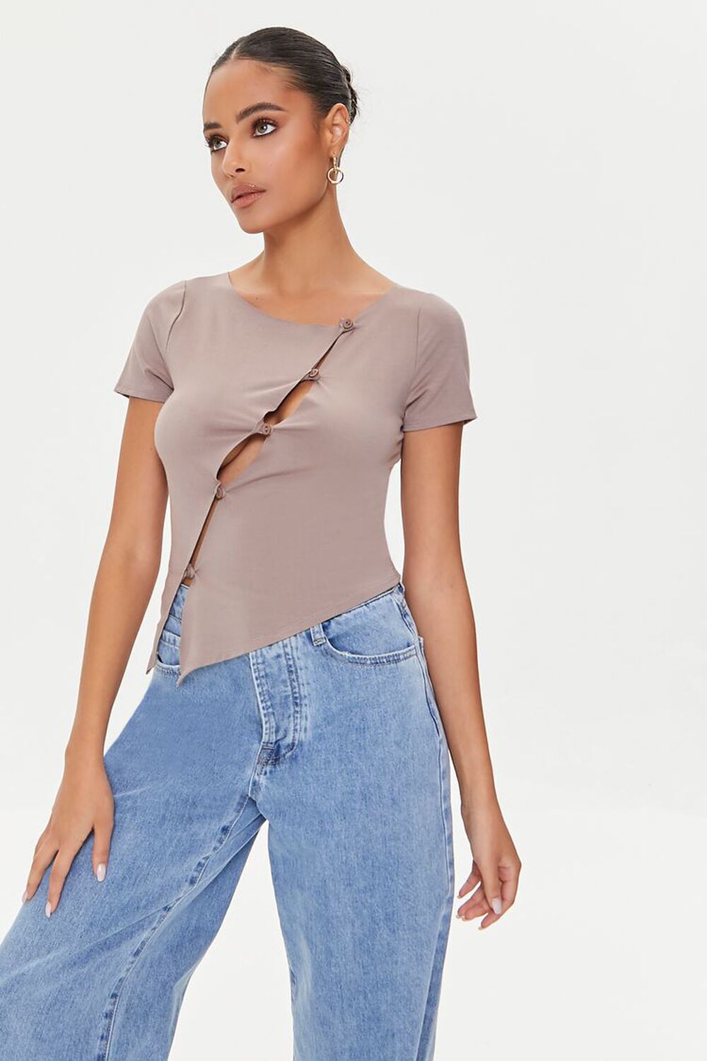 TAUPE Cutout Button-Loop Tee, image 1