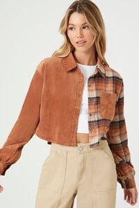 BROWN/MULTI Plaid Flannel Cropped Shirt, image 1
