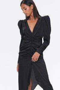 BLACK Ruched Puff-Sleeve Midi Dress, image 4