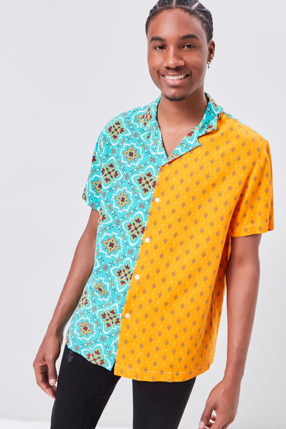 Colorblock Ornate Print Fitted Shirt