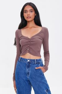 CHOCOLATE Ruched Button-Up Top, image 1