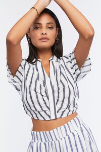 WHITE/NAVY Striped Ruched Crop Top, image 1