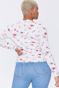 IVORY/RED Plus Size Floral Print Henley Top, image 3
