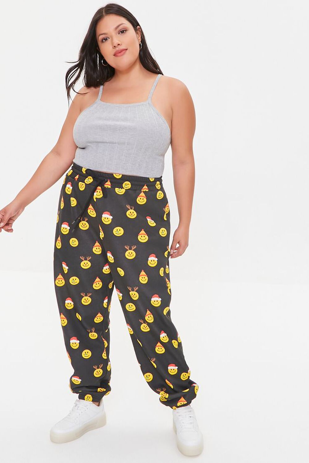 BLACK/YELLOW Plus Size Holiday Happy Face Joggers, image 1