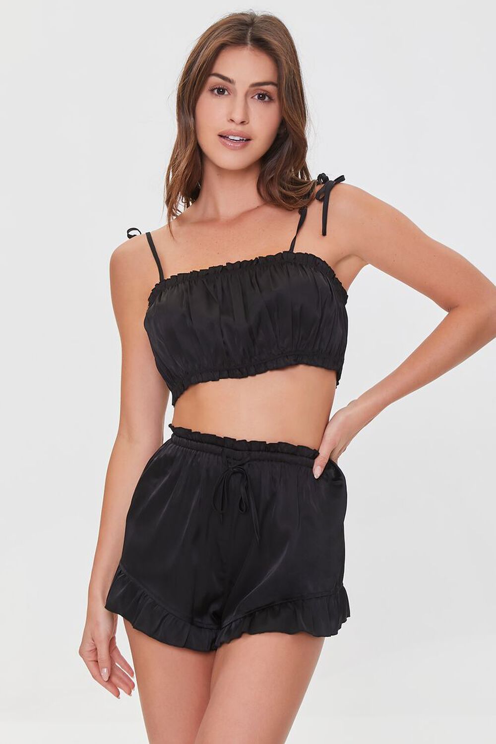 BLACK Satin Cropped Cami & Shorts Pajama Set, image 1