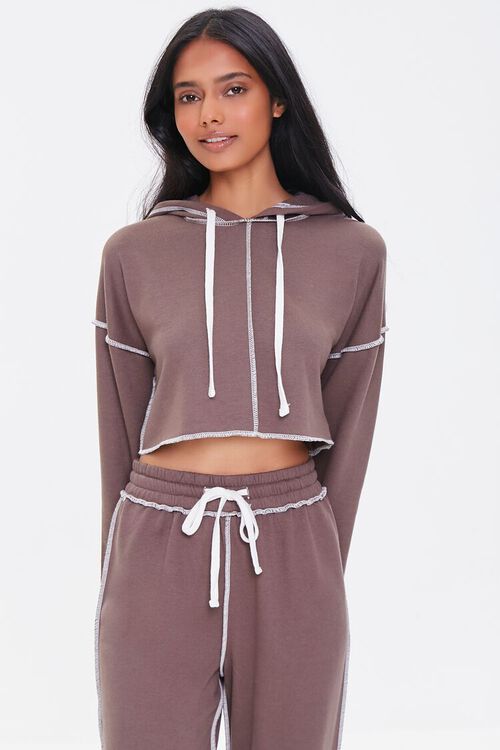 BROWN/CREAM Contrast-Stitch Cropped Hoodie, image 1