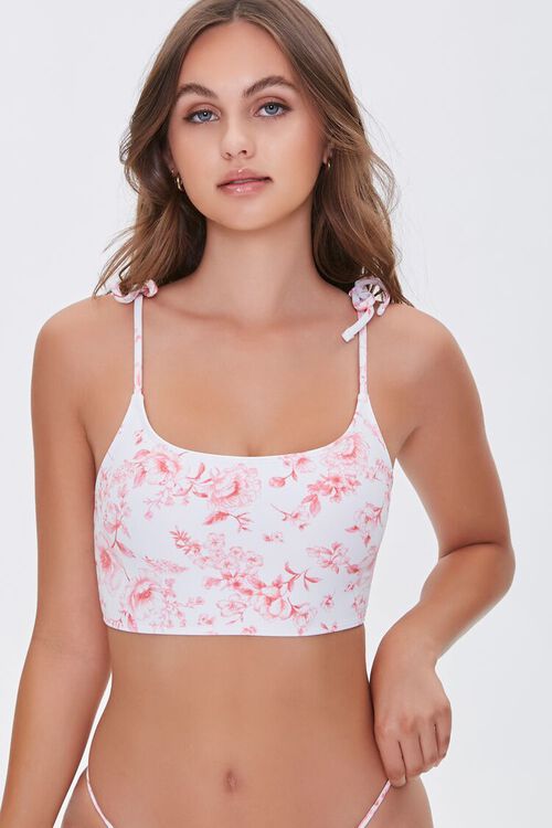 PINK/WHITE Floral Print Self-Tie Bralette Bikini Top, image 1