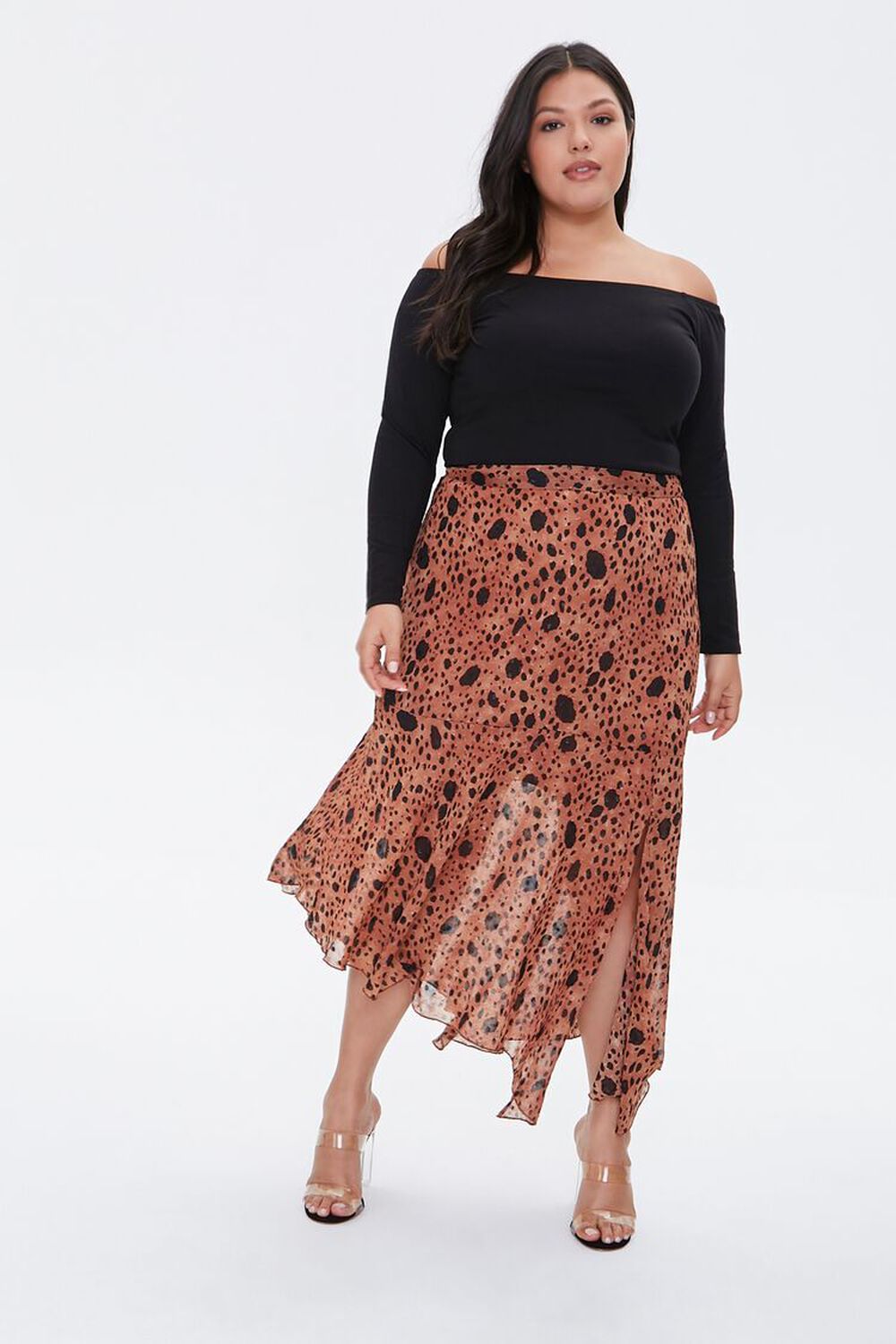 TAN/MULTI Plus Size Spotted Maxi Skirt, image 1