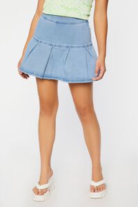 BLUE Pleated Denim Drop-Waist Skirt, image 2